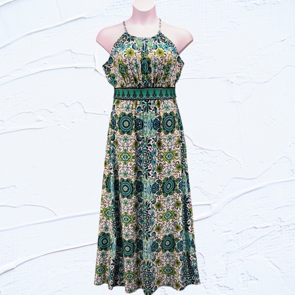 London Style Womans Maxi Dress Size 10 Boho Summer Floral Flowy Halter Neck Knit - Picture 1 of 15